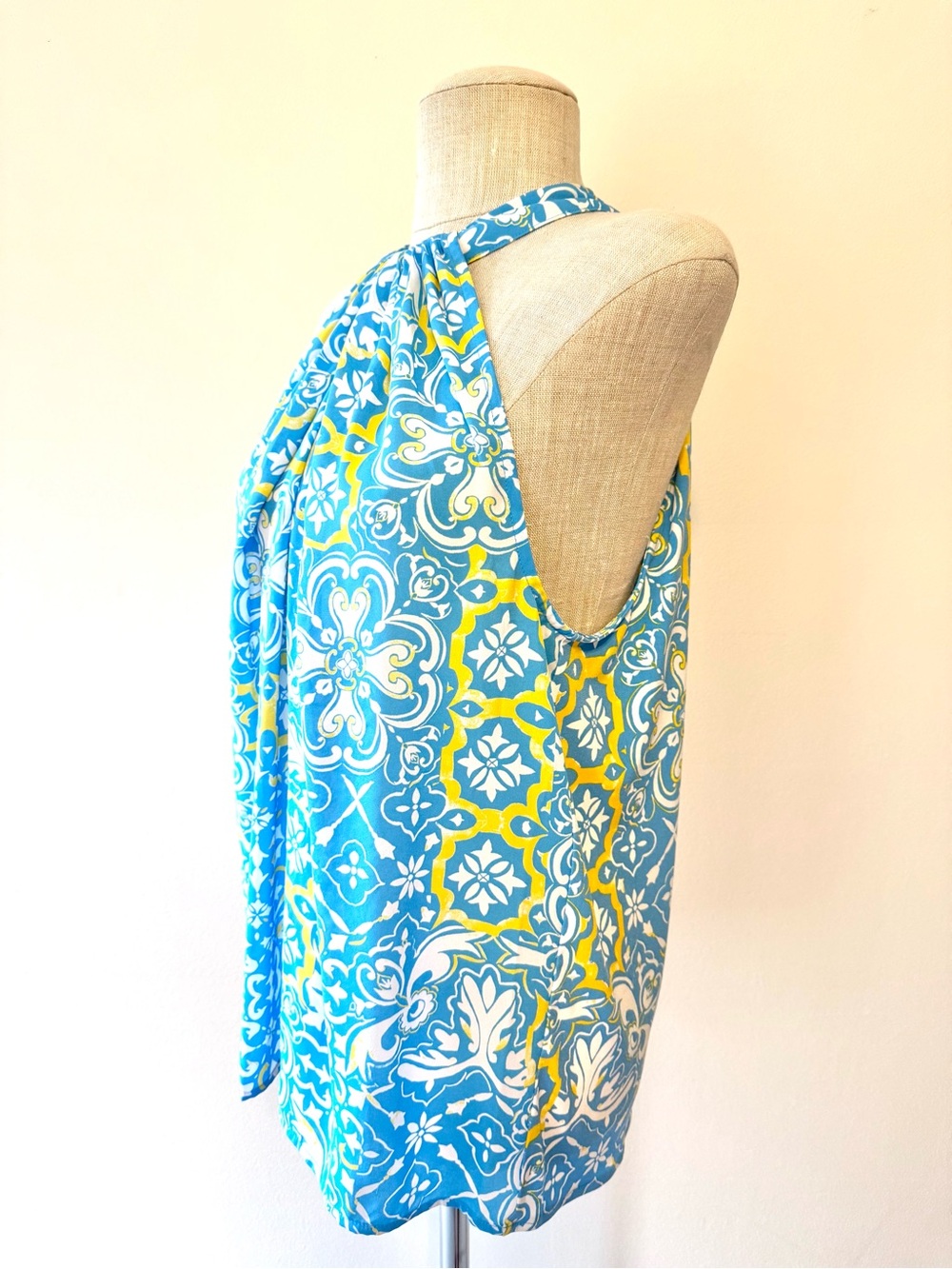 Ann Taylor Blue Yellow Tile Halter Top Blouse Petite Large Amalfi Resort Cruise - Picture 4 of 13